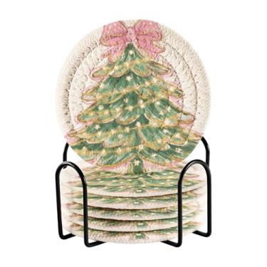 Imagem de Blueangle Porta-copos de 6 peças de árvore de Natal com laço rosa - tecido redondo super absorvente para proteção de mesa e decoração de casa (180)