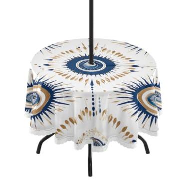 Imagem de ATTX Toalha de mesa redonda com olho turco ao ar livre – 152 cm, à prova d'água, à prova de derramamento, uso interno/externo, com orifício para guarda-chuva com zíper para acampamento, piquenique