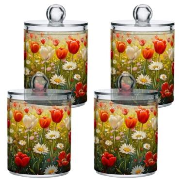Imagem de ATTX Dispensador de suporte Qtip para pintura de flores coloridas para bola de algodão, cotonete, frasco de boticário transparente, decoração de casa, pote de armazenamento de cozinha, pacote com 4