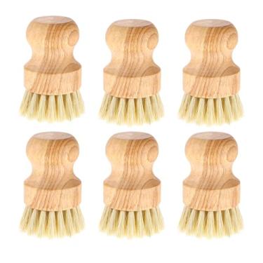Imagem de Conjunto de 6 escovas de bambu para lavar louça de madeira com cerdas de sisal naturais para panelas de ferro fundido, panelas, pia de cozinha e vegetais