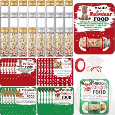 Imagem de Qinyoung 48 peças de pote de vidro para comida de rena de Natal com cartão de papel fita vermelha anexada presente de véspera de Natal sacos de comida de rena mágica a granel para embrulho de presente