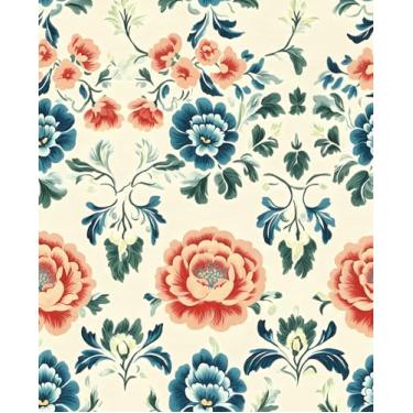 Imagem de VOLEAAR Papel de parede floral vintage, boho bege floral botânico damasco flor autoadesivo removível papel de parede para armário de banheiro de quarto, papel de contato de vinil 43,5 cm x 295 cm azul
