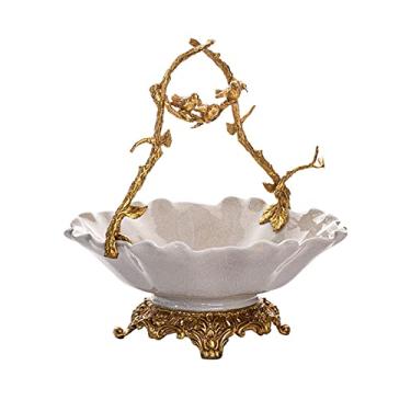 Imagem de YYBOES Fruteira de cerâmica prato de frutas chinês retrô feito à mão cobre artesanato prato de frutas decoração de sala de estar porcelana tigela de doces prato de frutas