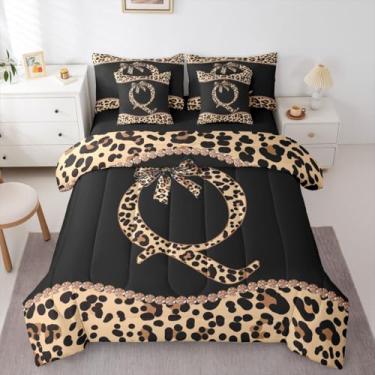Imagem de Conjunto de edredom solteiro com laço de chita africana com lençol para mulheres, meninas e adultos - Conjunto de cama com letra do alfabeto, 7 peças, estampa de leopardo, em uma bolsa, moderno