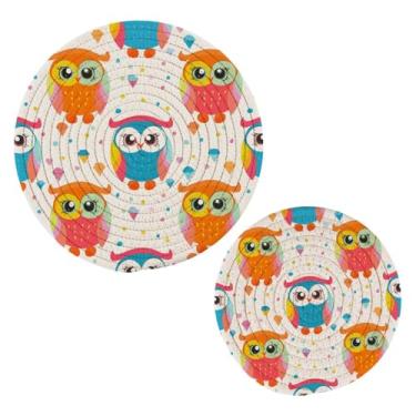 Imagem de Wassud Conjunto de trivet de corujas de desenho animado para pratos quentes, suportes redondos de panela, almofadas quentes de algodão, porta-copos resistentes ao calor para decoração de cozinha