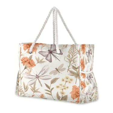 Imagem de Wassud Bolsa de praia grande para mulheres, libélulas, impermeável, à prova de areia, bolsa de viagem com zíper e bolso para piscina, academia, acampamento