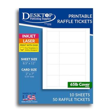 Imagem de Folhas de bilhetes de sorteio em branco com tocos removíveis – 50 bilhetes para impressão (10 folhas) – Cartolina branca fosca de 29,5 kg – 5 x 17,8 cm bilhetes para eventos, desenhos, cupons