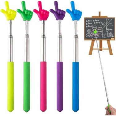 Imagem de 5 Pçs Bastão de dedo de ponteiro, bastão retrátil de ponteiro de mão para leitura escolar, apresentações em sala de aula, amarelo, verde, azul, roxo, rosa