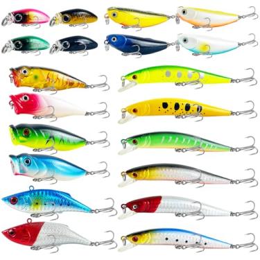 Imagem de L PATTERN Kit de 20 peças de iscas de pesca Minnow Popper Iscas Topwater Mistas Hard Crankbait para pesca de robalo, Walleye, salmão, água doce e salgada