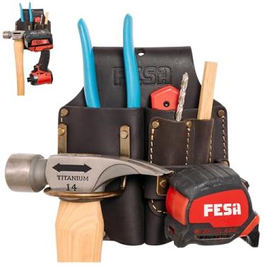 Imagem de FESA Coldre de alicate de couro durável - Suporte duplo de couro de grão superior pesado para cinto com suporte de martelo de aço, clipe de fita e 2 bolsos para lápis de carpinteiro - Clipe em