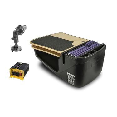 Imagem de AutoExec Mesa de carro GripMaster para sua estação de trabalho de veículos e escritório móvel, bétula, com inversor de potência de 400 watts, suporte para telefone e sucção para telefone