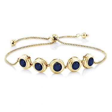 Imagem de Gem Stone King Pulseira de tênis ajustável de safira azul prata banhado a ouro amarelo 18K para mulheres (5,00 quilates, redondo 6 mm), Metal Pedra preciosa, Safira