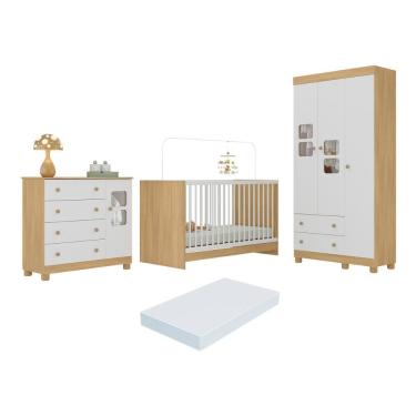 Imagem de Quarto De Bebê Completo Com Berço 3 Em 1 Com Colchão Incluso Sol Multimóveis MP4542 Madeirado-branco