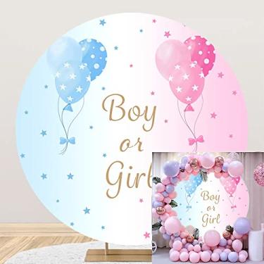 Imagem de OERJU Capa de fundo redonda reveladora de gênero para meninos ou meninas, cenário redondo, balões azuis, estrelas, fundo revelador de gênero para fotografia recém-nascido, chá de bebê, festa, círculo