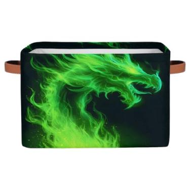 Imagem de Cesta de armazenamento pequena com alças de brinquedo de dragão de fogo verde, cesto organizador de cubo de tecido dobrável para berçário, sala de estar, quarto, prateleiras, roupas, caixa de