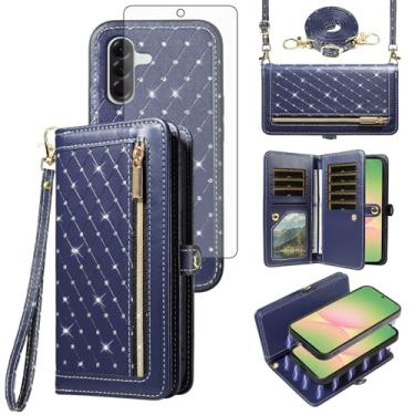 Imagem de Capa de celular para Samsung Galaxy A56 5G carteira com zíper destacável capa magnética com protetor de tela alça transversal alça brilhante glitter flip porta-cartão de crédito slots A 56 56A LTE