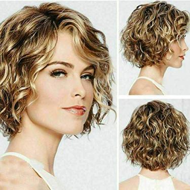 Imagem de Yinhing Peruca Feminina Curta Encaracolada Loira Escura Peruca de Cabelo Sintético Look Festa Fantasia Peruca Cosplay de Halloween Faixa Elástica Ajustável Respirável Confortável Fosca (Dourada)