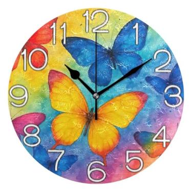Imagem de GAIGEO Relógio de parede analógico decorativo operado por bateria relógio de cozinha rústico, decoração de parede de casa de fazenda moderna aquarela borboleta azul laranja, 25 cm, ponteiros pretos