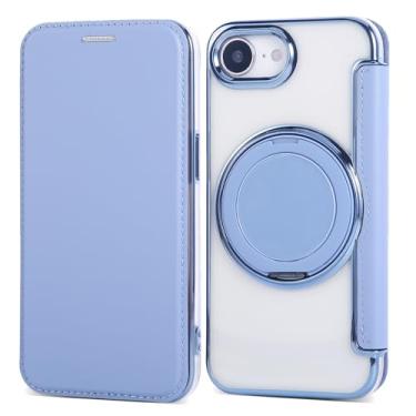 Imagem de Capa carteira para iPhone 16e com 3 compartimentos para cartão, bloqueio RFID, suporte de anel giratório de 360° e compatibilidade magnética, capa traseira transparente à prova de choque, suporta