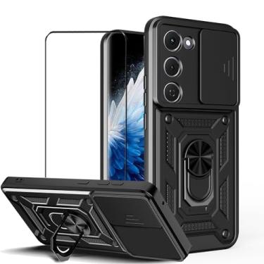 Imagem de CNPUTAO Capa para Tecno Spark 40 Pro+ 4G com protetor de tela de vidro temperado, janela deslizante para câmera, suporte, capa de telefone de camada dupla antiarranhões à prova de choque, preta