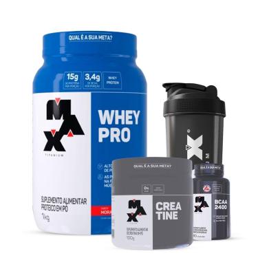 Imagem de Combo Whey Pro, Creatina 100g, BCAA 60c e Coqueteleira Max-Unissex
