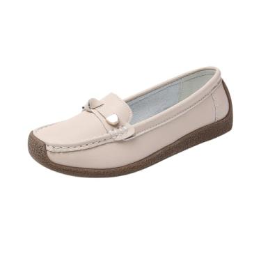 Imagem de Mocassim feminino respirável bico redondo bico fechado sem cadarço casual confortável para primavera verão, Bege, 36