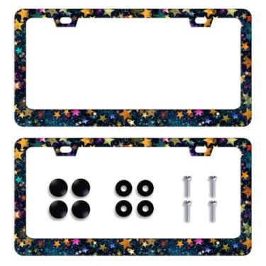 Imagem de Pacote com 2 molduras para placa de licença Night Stars personalizada com céu estrelado colorido para etiquetas dianteiras ou traseiras de carro de aço inoxidável decoração de carro com parafusos 6 x