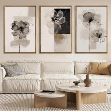 Imagem de IARTTOP Arte de parede em tela floral preto e branco emoldurado 40,6 x 61 cm grande neutro abstrato bege decoração de parede decoração de parede moderna minimalista Waterolor conjunto de 3 para sala