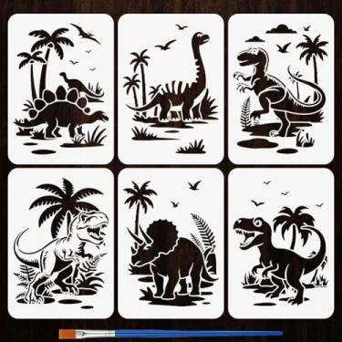 Imagem de FINGERINSPIRE 6 estilos de estênceis de padrão de dinossauro com um pincel 29,7 x 21 cm, estênceis de pintura de animais pré-históricos, estêncil de tiranossauro Rex, modelo de animal de estimação