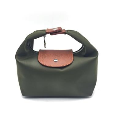 Imagem de Qiannaura Mini lancheira conversível feminina pequena bolsa axila com 2 tiras, fecho de zíper design minimalista de bolinho de massa - verde escuro