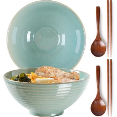 Imagem de NUTRIUPS Conjunto de 2 tigelas de cerâmica para ramen com colheres e pauzinhos, tigelas grandes de sopa de 1,134 g para Udon, Miso, macarrão (cobertura de musgo)