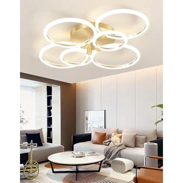 Imagem de Luminária de teto LED moderna com design de anéis, dimerizável e com controle remoto. Ideal para sala de estar, quarto, sala de jantar e escritório. Luminária de acrílico embutida para sala