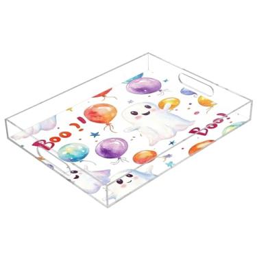 Imagem de xigua Bandeja de servir de acrílico fantasma de Halloween com alças à prova de derramamento, bandejas decorativas de festa de Halloween, bandeja organizadora de bancada para banheiro, cozinha, 30,5 x