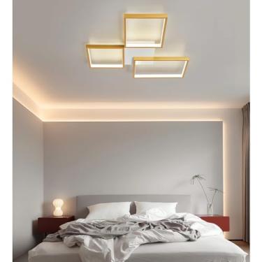 Imagem de Luminária de teto LED retangular moderna com controle remoto, cúpula de acrílico e design em alumínio para sala de estar e quarto (dourada, 3 braços).