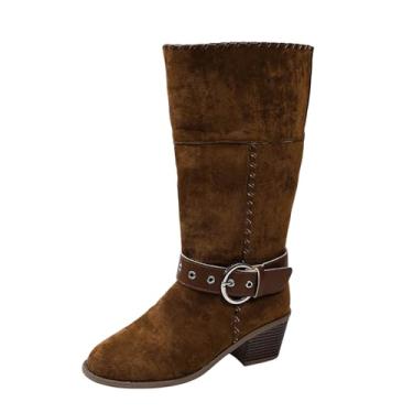 Imagem de Bota feminina casual versátil legal atraente fivela de cinto salto médio estilo cavaleiro outono e inverno confortável salto alto ocidental cano médio botas, Marrom, 38
