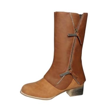 Imagem de Botas femininas de cor sólida salto grosso bico quadrado salto médio casual inverno, Marrom, 35