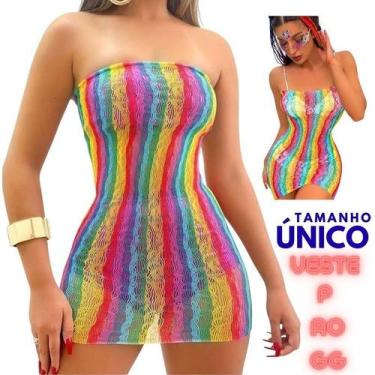 Imagem de Vestido Sem Alça Arrastão Saida Praia Colorido Fashion Transparente Mo