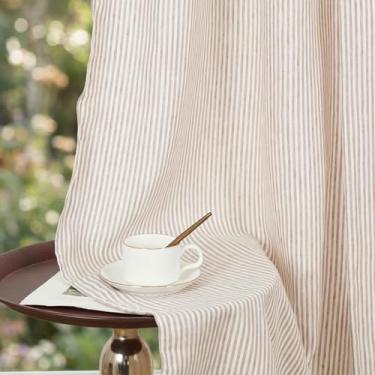 Imagem de HSOFTIFY 100% linho puro bolso para varão com cortinas riscas, 132 x 150 cm cortinas de janela texturizadas de linho natural para sala de estar, quarto, jantar, 1 painel, marrom