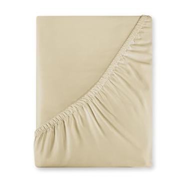 Imagem de Royale Linens Lençol Queen de 400 fios 100% algodão cultivado nos EUA – Lençol elástico em toda a volta – Tecido de cetim luxuoso – Lençol de baixo de ajuste confortável para até 40,6 cm (Queen, areia