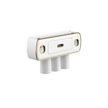 Imagem de Suporte de escova de dentes montado na parede Suporte de escova de dentes branco marfim caixa de armazenamento de banheiro multifuncional com dispensador duplo de pasta de dente rack de armazenamento