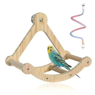 Imagem de Conjunto de 2 brinquedos de poleiro de pássaro: balanço de madeira e suporte de corda de algodão dobrável - acessórios de gaiola montados na lateral com ferragens de metal para periquitos, periquitos
