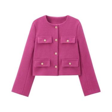 Imagem de Casaco Curto Casual De Inverno Feminino Com Decote Redondo E Decoração