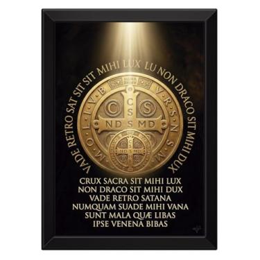 Imagem de Quadro Grande Oração de São Bento Com Medalha Fundo Preto (Moldura Preta, 40x60cm)