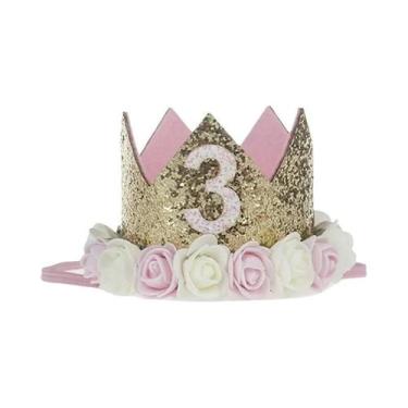 Imagem de Chapéu Com Coroa De Lantejoulas E Flores Brancas E Rosa Para Bebê Meni