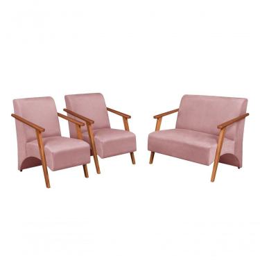 Imagem de Conjunto Venus Braços Em Madeira Maciça 1 Namoradeira 2 Poltronas Suede Rosa