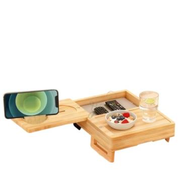 Imagem de SKINGS Bandeja de braço de sofá de bambu com compartimento para telefone – mesa de apoio de braço antiderrapante para sofá, para bebidas, controles remotos e lanches