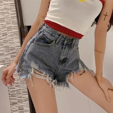 Imagem de Shorts Jeans Femininos Vintage De Cintura Alta Rasgados 2024 Moda Bagg