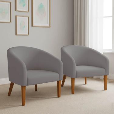 Imagem de Poltrona Sala Decorativa Kit 2 Stella Pé Madeira Trapézio Castanho Suede Grafite D03 - D'Rossi