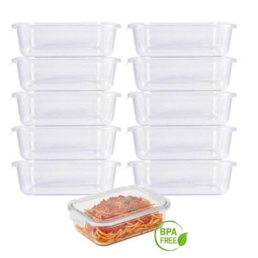 Imagem de Kit 10 Potes Hermético Marmita de Vidro Retangular 640ml Mor