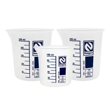 Imagem de Kit 2 Copos Becker Nalgon 250ml e 1 Becker 100ml Polipropileno Medidor